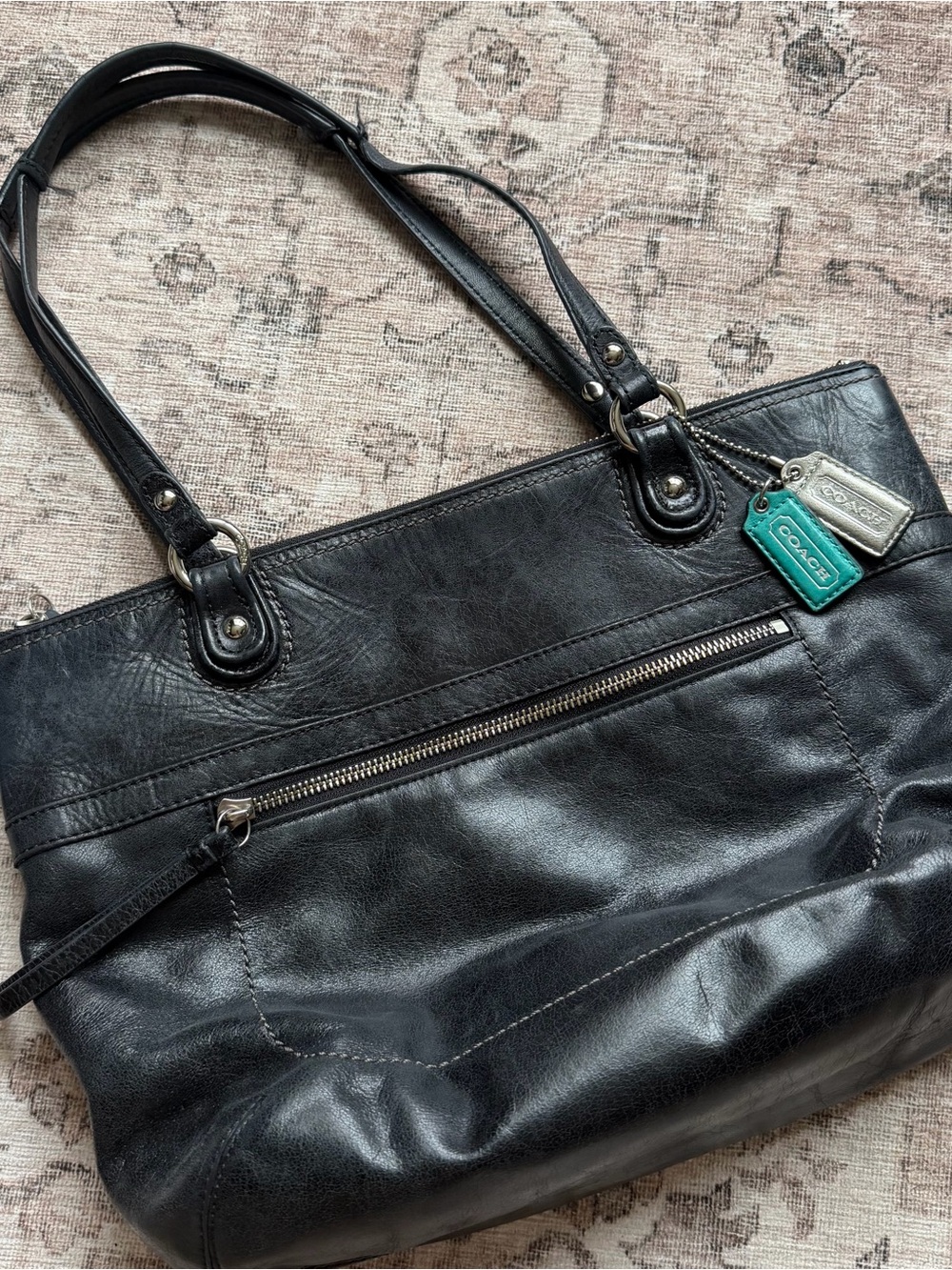 Coach Black Leather Tote Shoulder Bag Style 19827 Turquoise Lining